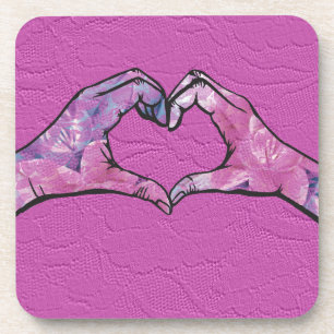 Dessous-de-verre Mains de coeur sur Arrière - plan de dentelle rose