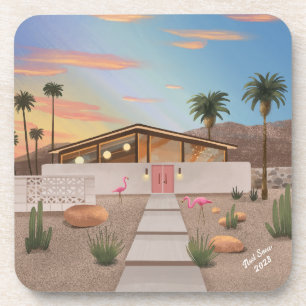 Dessous-de-verre Maison de Flamant rose moderne du milieu du siècle