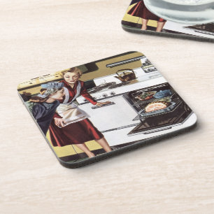 Dessous-de-verre Maman vintage dans la cuisine préparant un jambon 