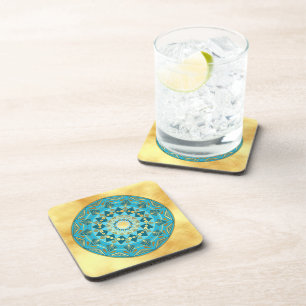 Dessous-de-verre Mandala bleu or sur fond or doux