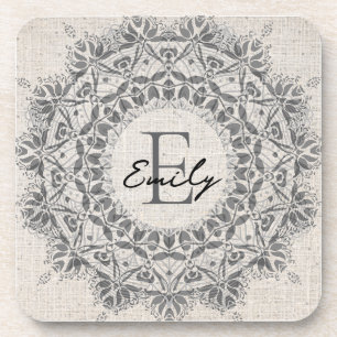 Dessous-de-verre Mandala Nom Monogramme gris clair monochrome