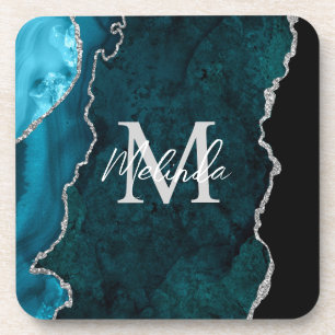 Dessous-de-verre Marbre Agate Bleu Turquoise et Argent