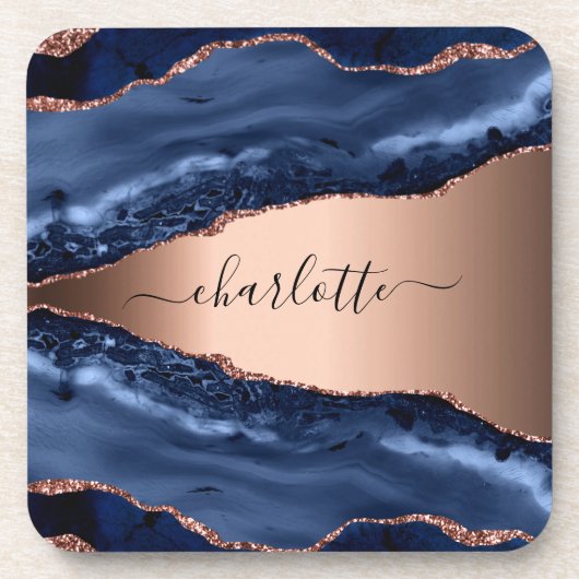 Dessous-de-verre Marbre agate bleue rose doré nom script (Devant)