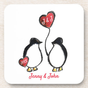 Dessous-de-verre Mariage de couple de pingouins et ballons cardiaqu