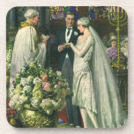 Dessous-de-verre Mariage vintage, Mariée et Salle avec Menorah<br><div class="desc">Illustration vintage image de cérémonie d'amour et de romance mariage montrant un couple se marier dans une belle synagogue avec vitraux,  fleurs et une menorah à sept branches. La mariée porte une longue robe blanche mariage et le marié est beau dans son smoking.</div>