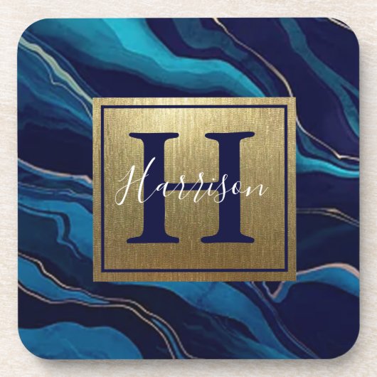 Dessous-de-verre Marine Blue Agate Marbre Gold Nom et Monogramme (Devant)