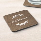 Dessous-de-verre Marron Bois Rustique Laurier Monogramme Nom (Côté gauche)