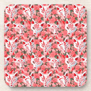 Dessous-de-verre Masques Kitsune et camélia fleurie sur rose