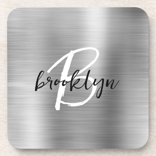 Dessous-de-verre Métal brossé argenté Noir Blanc Script Monogramme (Devant)