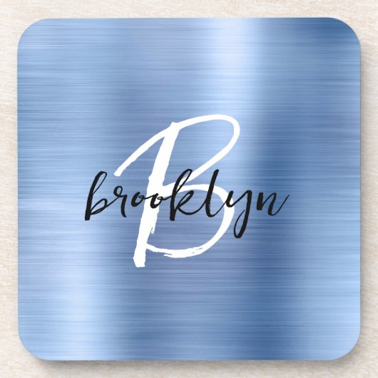 Dessous-de-verre Métal brossé Bleu Noir Blanc Script Monogramme (Devant)
