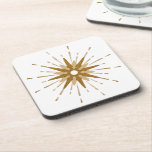 Dessous-de-verre Mi-siècle moderne Gold Starburst Plastic<br><div class="desc">Dessous de verre en plastique d'inspiration moderne du milieu du siècle avec starburst rétro vintage servant de point focal, complété par des éléments de conception starburst moderne. Un design simple et épuré de démarrage dans une palette de couleurs or et blanc. Une conception d'une collection de coordination. Conçu comme un...</div>