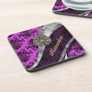 Dessous-de-verre Modèle personnalisé joli magenta girly damask