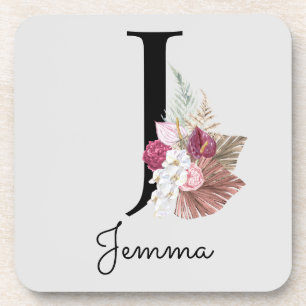 Dessous-de-verre Monogram Pink Boho Girly Floral Initial J