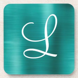Dessous-de-verre Monogramme blanc Turquoise en métal brossé chic