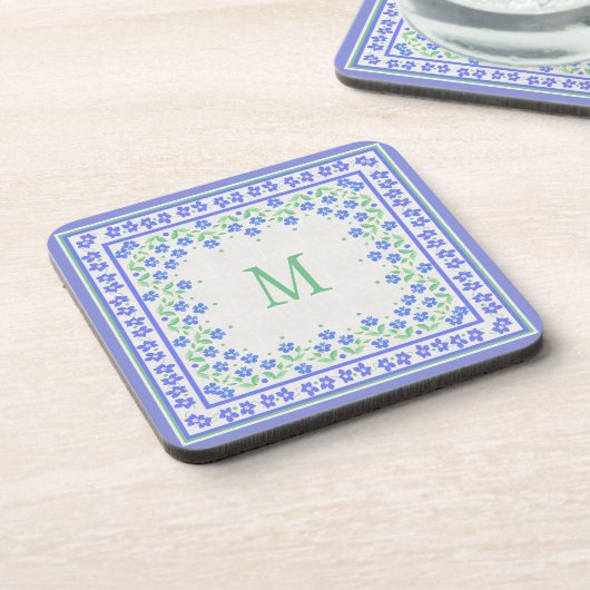 Dessous-de-verre Monogramme Blue Periwinkkts Floral Bordure Faux Li (Côté gauche)