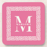 Dessous-de-verre Monogramme de cadre de clé grecque moderne Élégant<br><div class="desc">Dessous de verre monogrammes roses modernes et élégants avec votre initiale personnalisée et nom dans un cadre de bordure clé grecque entouré de façon méditerranéenne côtière.</div>