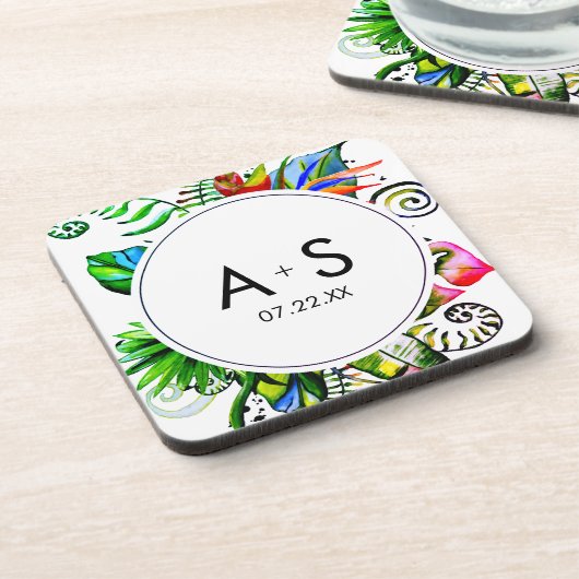 Dessous-de-verre Monogramme de Mariage de feuille de palme tropical (Côté gauche)