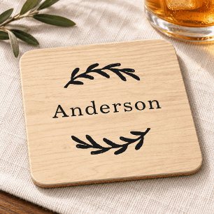 Dessous-de-verre Monogramme de nom en bois naturel rustique laurier