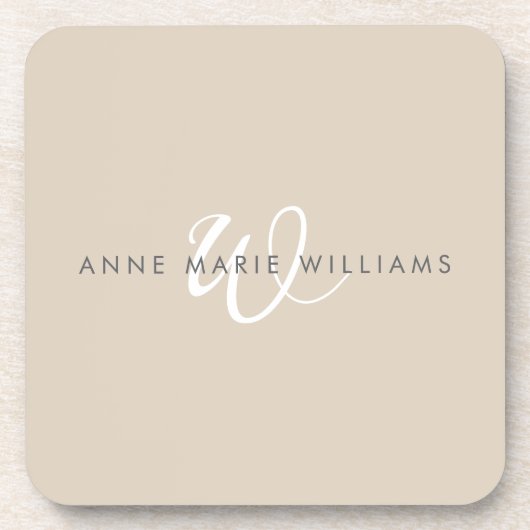 Dessous-de-verre Monogramme de script blanc marron moderne (Devant)