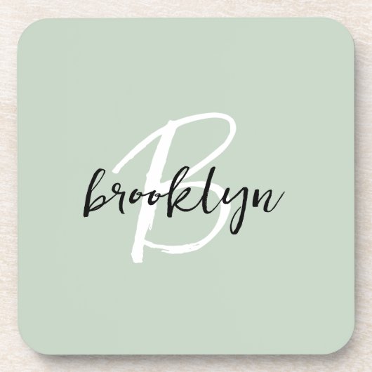 Dessous-de-verre Monogramme de script noir et blanc Sage Green (Devant)