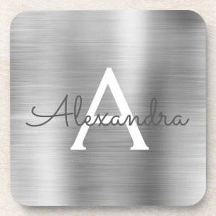 Dessous-de-verre Monogramme en argent brossé de luxe Nom initial