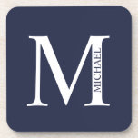 Dessous-de-verre Monogramme et nom personnalisés bleu marine<br><div class="desc">Monogramme personnalisé et cadeau de nom caractéristiques monogramme personnalisé et nom dans le style de police serif classique. Parfait comme cadeaux de fête des pères pour papa,  cadeaux pour les groomsmen et pour toute occasion spéciale.</div>