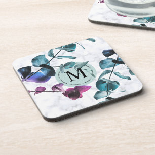 Dessous-de-verre Monogramme feuillage d'eucalyptus en marbre blanc