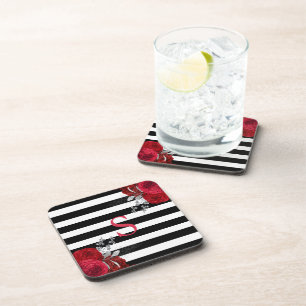 Dessous-de-verre Monogramme floral argent rouge Rayures noires et b