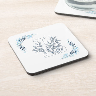 Dessous-de-verre Monogramme floral bleu "L" initial serein
