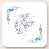 Dessous-de-verre Monogramme floral bleu "V" initial calmé (Devant)