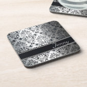 Dessous-de-verre monogramme glamour de luxe en argent damé (Côté gauche)