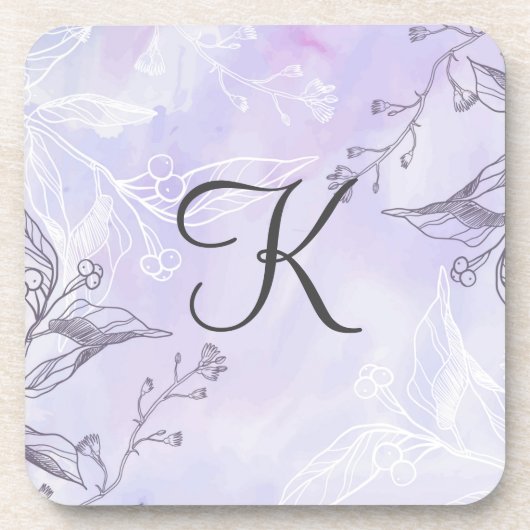 Dessous-de-verre Monogramme Gris blanc Violet Floral  (Devant)