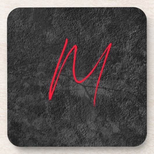 Dessous-de-verre monogramme gris unique nom rouge calligraphie init (Devant)