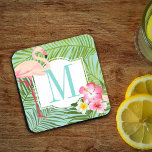 Dessous-de-verre Monogramme Initial Floral Flamant Rose Tropical<br><div class="desc">La conception de dessous de verre personnalisé comporte une lettre / initiale de monogramme personnalisée encadrée par un joli flamant rose et des feuilles de palmier tropical luxuriantes et des fleurs d'hibiscus. Les couleurs vives comprennent le rose, le magenta, le jaune, le vert, le bleu sarcelle et le bleu aqua....</div>