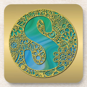 Dessous-de-verre Monogramme Initial Moderne Lettre Dorée et Turquoi