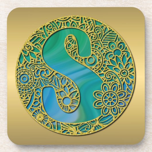Dessous-de-verre Monogramme Initial Moderne Lettre Dorée et Turquoi (Devant)