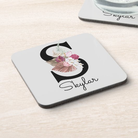 Dessous-de-verre Monogramme initial S rose Boho Floral (Côté gauche)
