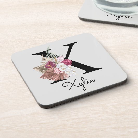 Dessous-de-verre Monogramme initial X rose Boho Floral (Côté gauche)