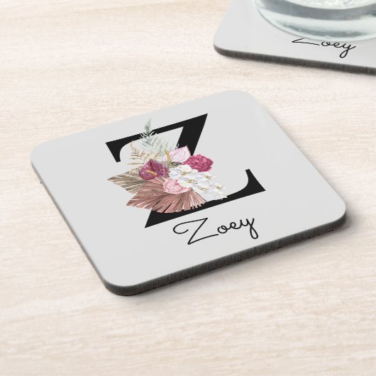 Dessous-de-verre Monogramme initial Z rose Boho Floral (Côté gauche)