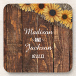 Dessous-de-verre Monogramme Mariage de tournesol en bois rustique e<br><div class="desc">Rustic Wood & Burlap Sunflower Country Ferme Chic Mariage Dessous de verre Monogrammes Avec une police de script de brosse tendance! ~ Regardez ma boutique pour voir l'ensemble de la suite mariage pour ce design!</div>