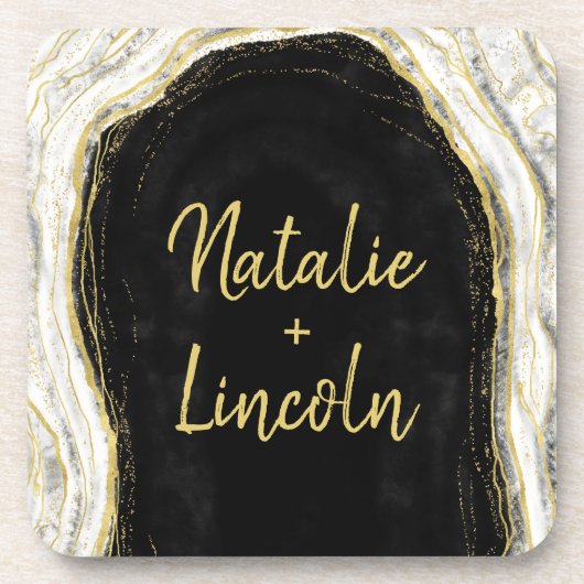 Dessous-de-verre Monogramme Mariage noir blanc et or (Devant)