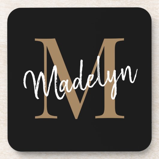 Dessous-de-verre Monogramme moderne Black Gold Feminine Nom du scri (Devant)