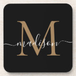 Dessous-de-verre Monogramme moderne Black Gold Feminine Nom du scri<br><div class="desc">Monogramme moderne Black Gold Feminine Script Name Beverage Coaster</div>