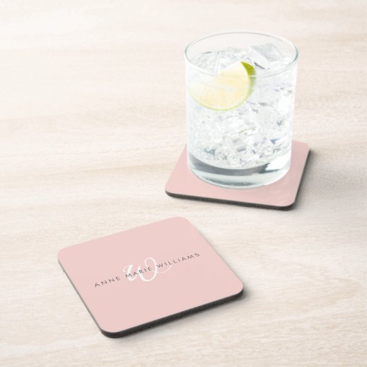Dessous-de-verre Monogramme Moderne Rose Pâle Blanc Script (Côté Droit)