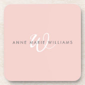 Dessous-de-verre Monogramme Moderne Rose Pâle Blanc Script (Devant)