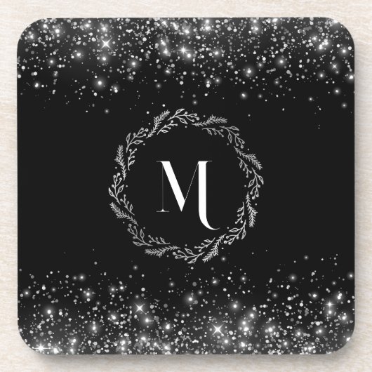 Dessous-de-verre Monogramme noir pailleté argent (Devant)