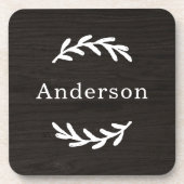 Dessous-de-verre Monogramme Nom Bois Charbon Rustique Laurier (Devant)