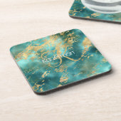 Dessous-de-verre Monogramme Nom Initial Turquoise Vert Marbre Doré (Côté gauche)