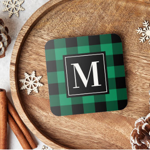 Dessous-de-verre Monogramme personnalisé à carreaux de buffle vert