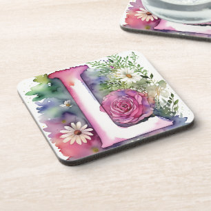 Dessous-de-verre Monogramme personnalisé Fleurs d'aquarelle colorée